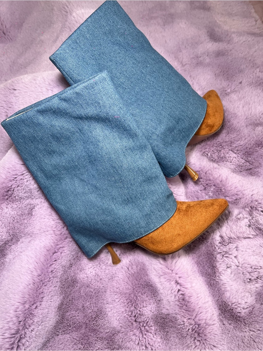 Denim Shaft Brown Suede Pointed Toe Kitten Heel Boots
